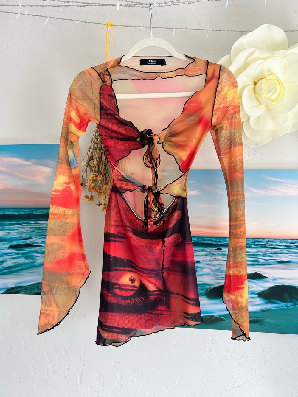 Jaded London Red and Orange Sheer Tie-Front Long Sleeve Mini Dress